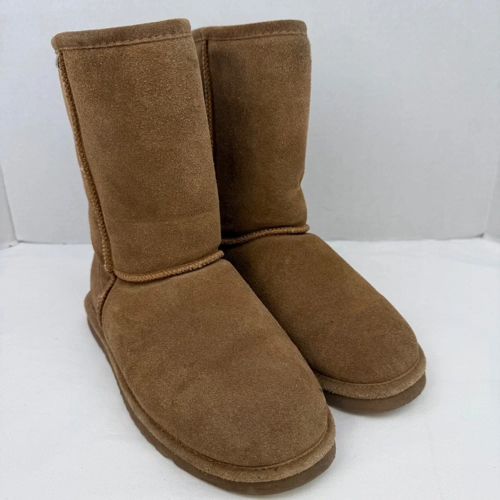 Bearpaw Emma Mid Calf Suede Boots Hickory Brown Sheepskin Lining Womens 10